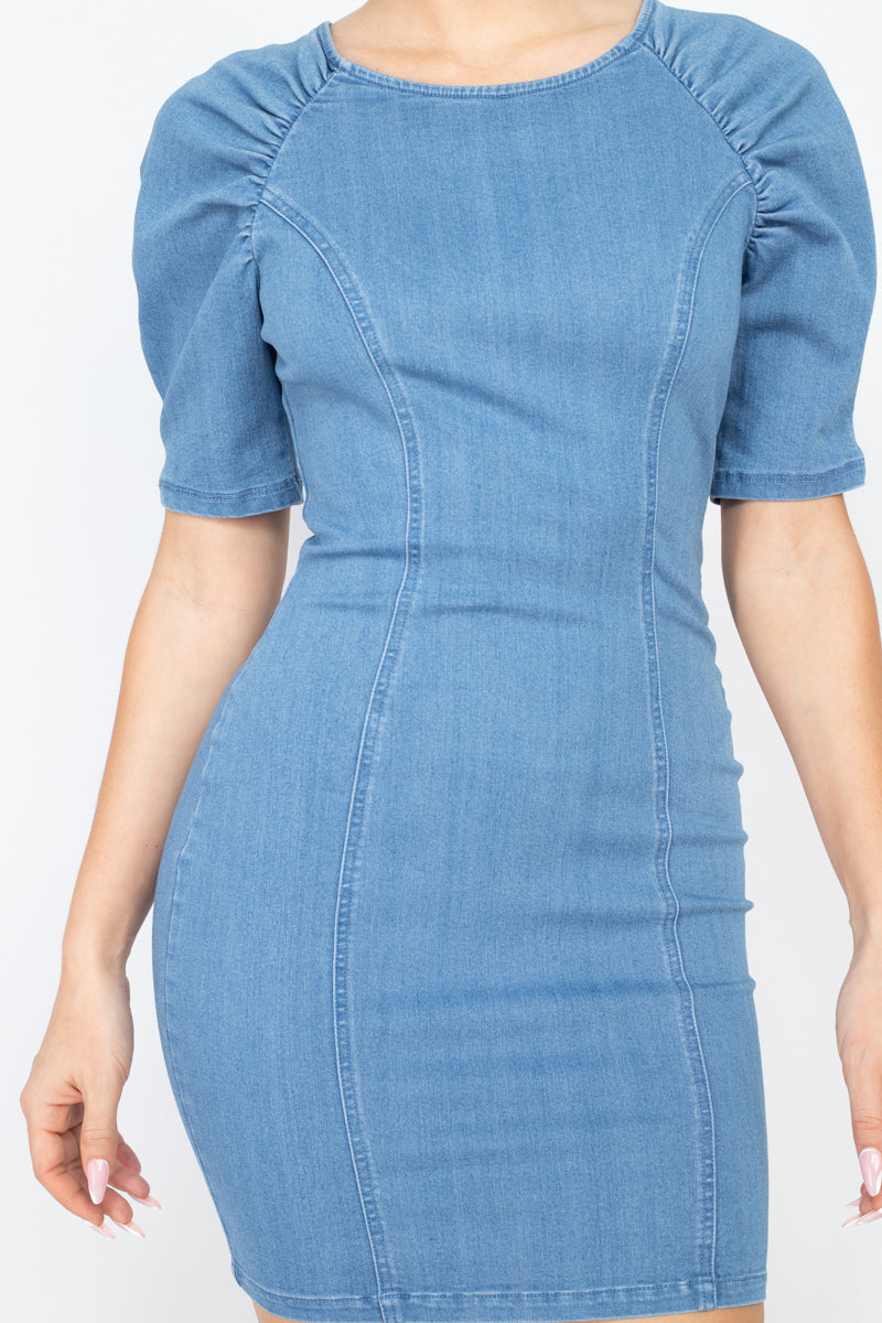 Puff Sleeve Seamed Denim Dress Smile Sparker