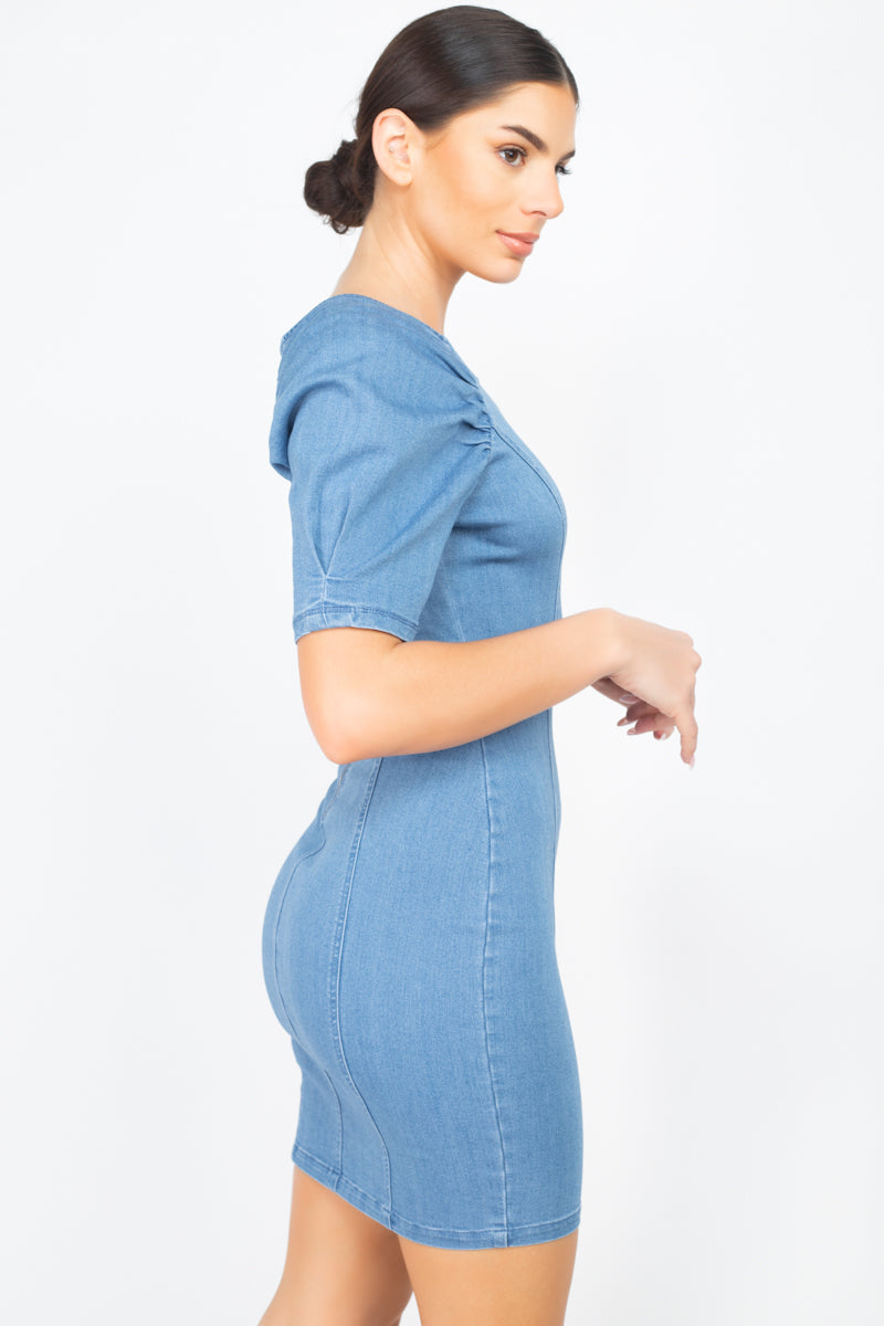 Puff Sleeve Seamed Denim Dress Smile Sparker