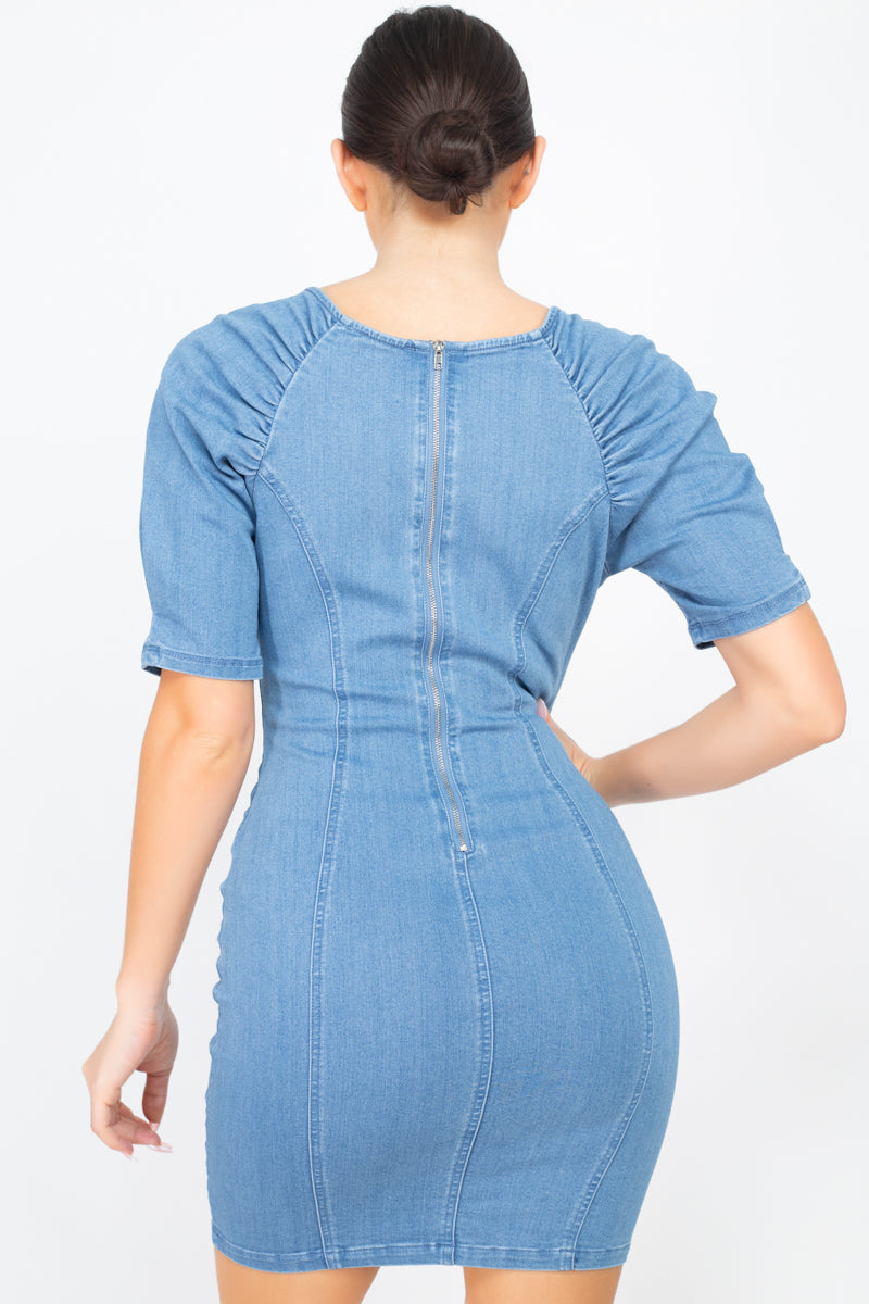 Puff Sleeve Seamed Denim Dress Smile Sparker