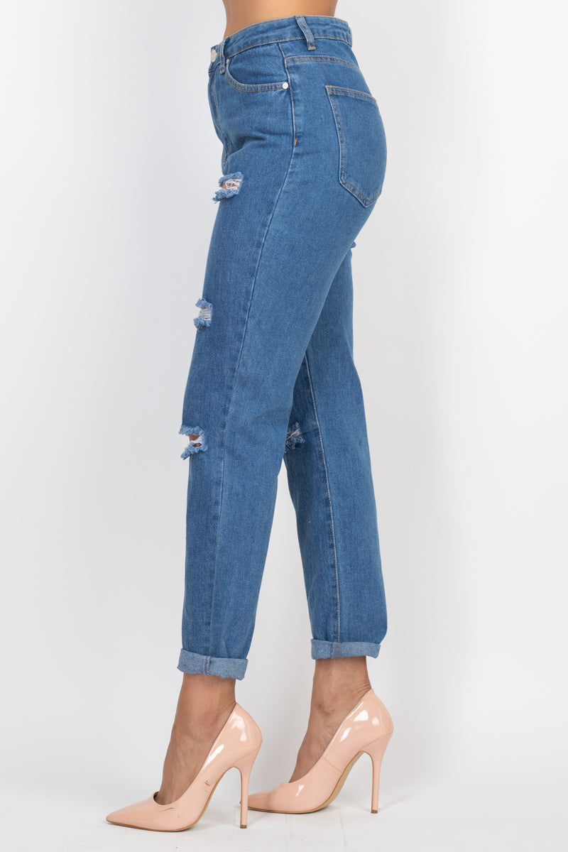 Rolled Hem Ripped Denim Jeans Smile Sparker