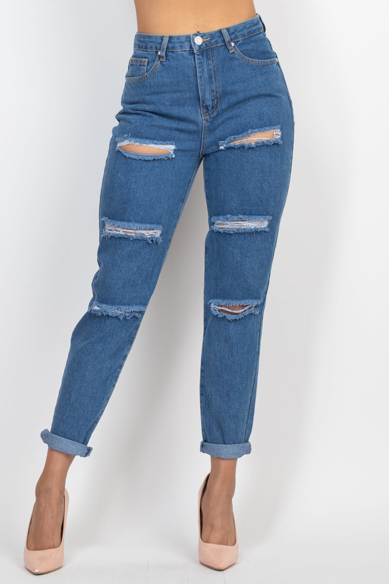 Rolled Hem Ripped Denim Jeans Smile Sparker