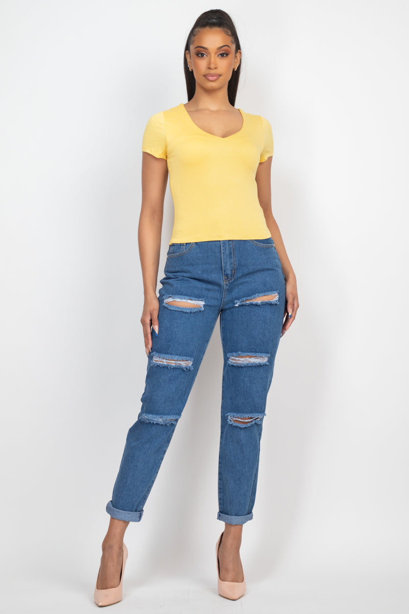 Rolled Hem Ripped Denim Jeans Smile Sparker