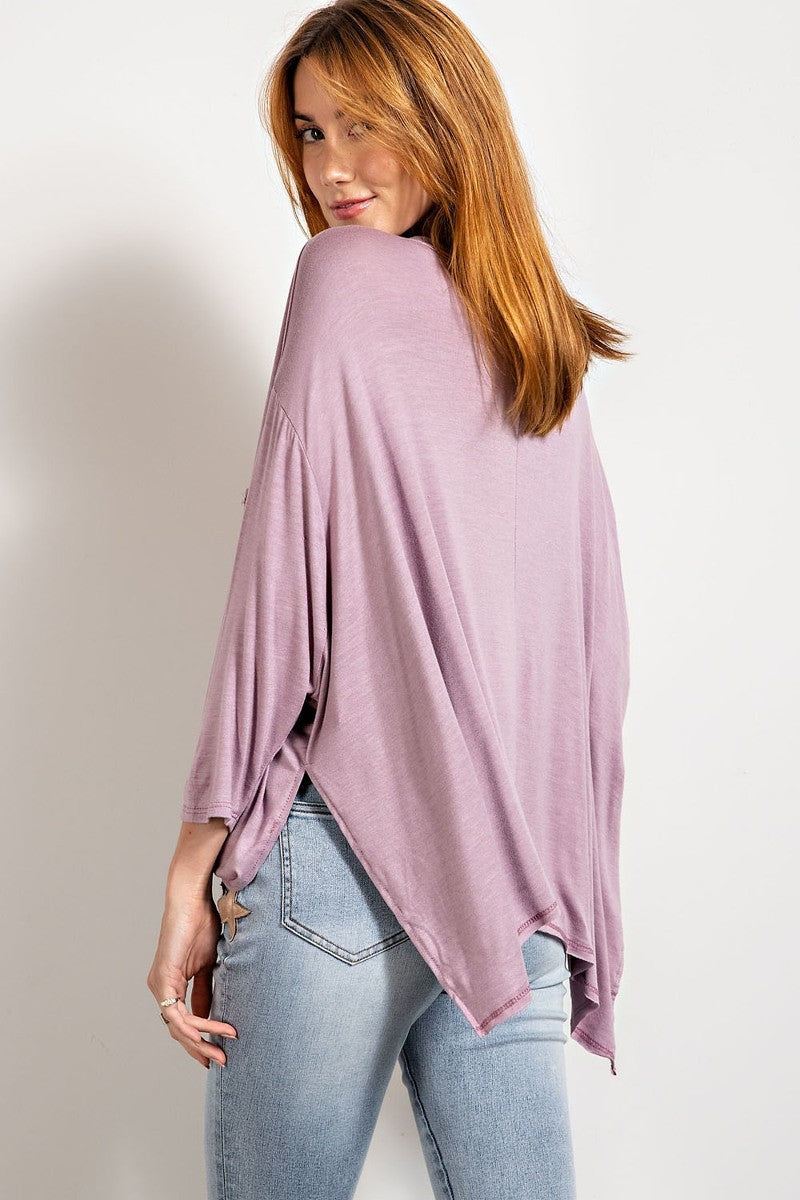 Rounded Neckline 3/4 Sleeves Washed Top Smile Sparker