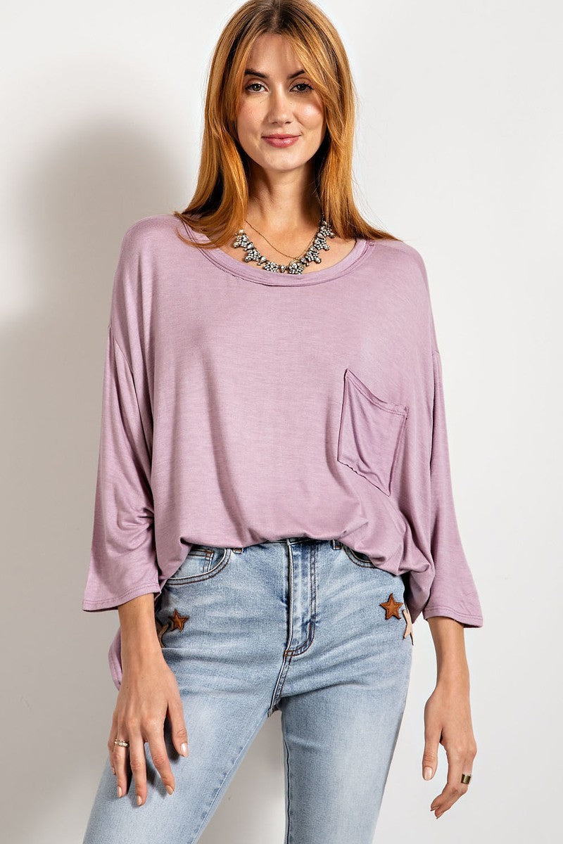 Rounded Neckline 3/4 Sleeves Washed Top Smile Sparker