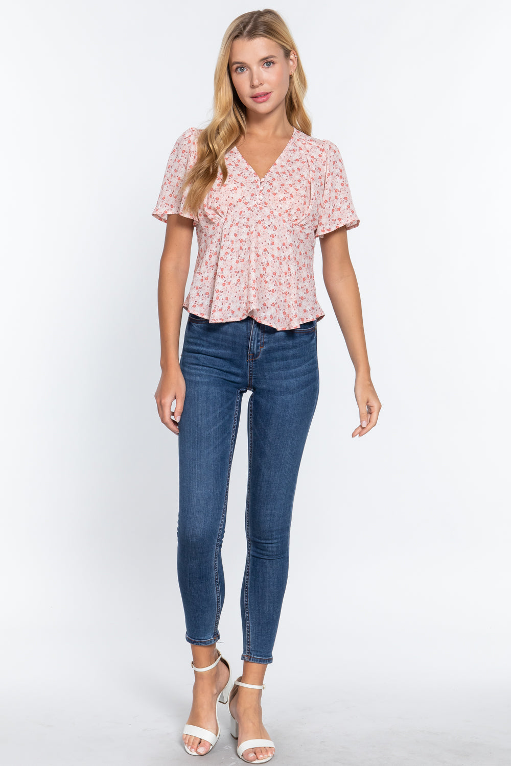 Ruffle Slv W/back Tie Print Woven Top Smile Sparker