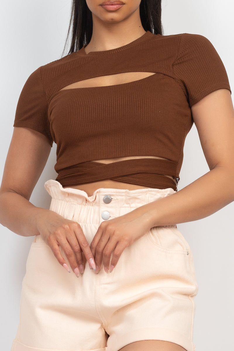 Self-tie Ribbon Front Cutout Crop Top Smile Sparker