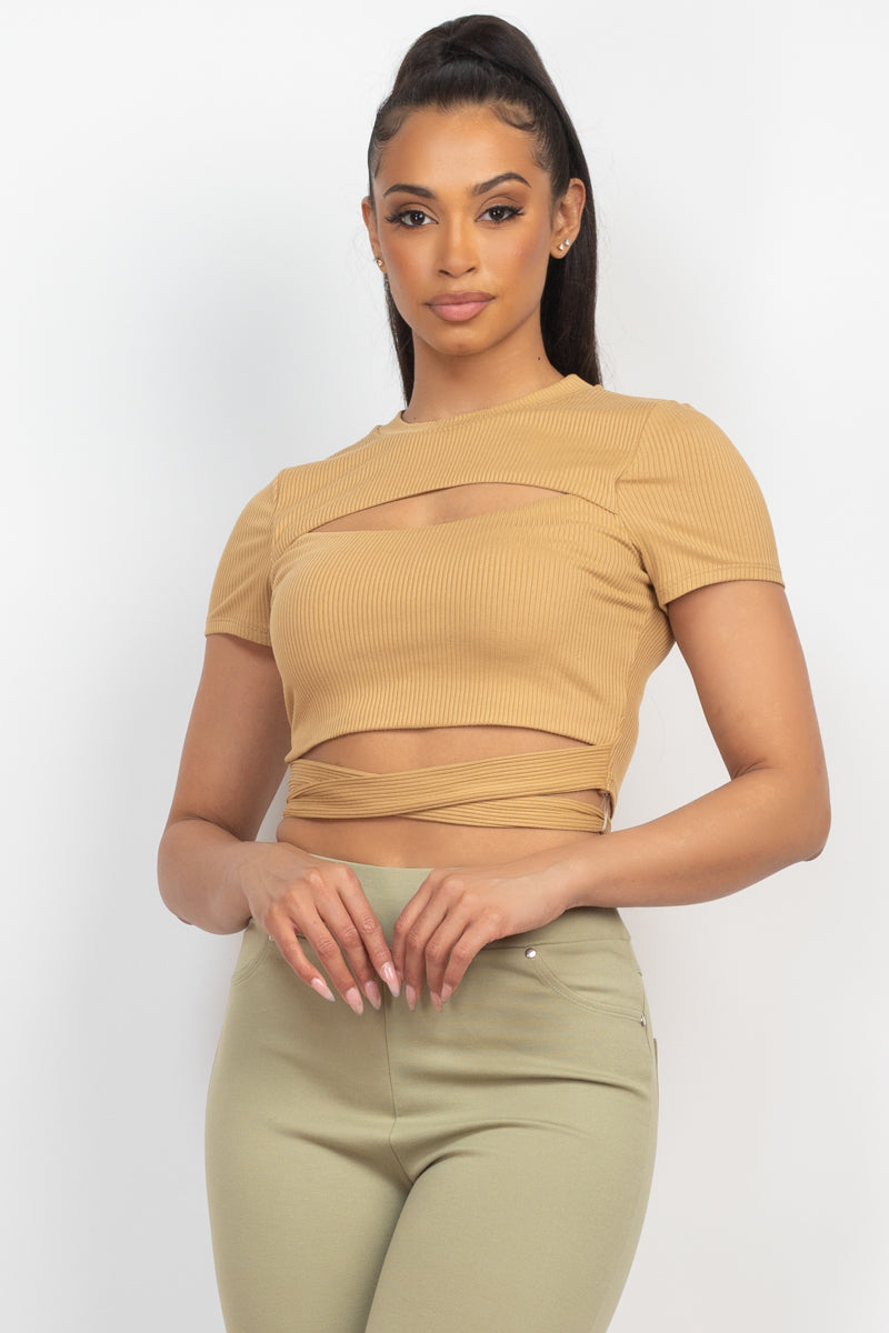 Self-tie Ribbon Front Cutout Crop Top Smile Sparker