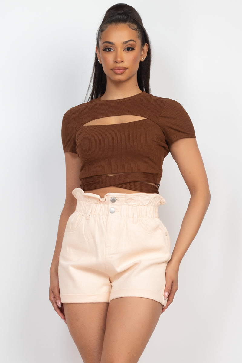 Self-tie Ribbon Front Cutout Crop Top Smile Sparker