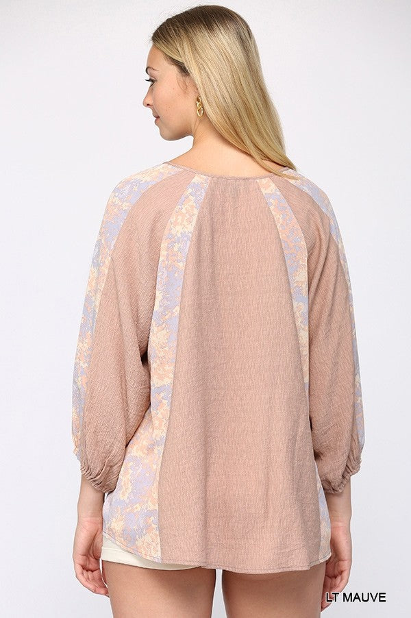 Solid Crinkle And Print Mix Raglan Sleeve Top With Tassel Tie Smile Sparker