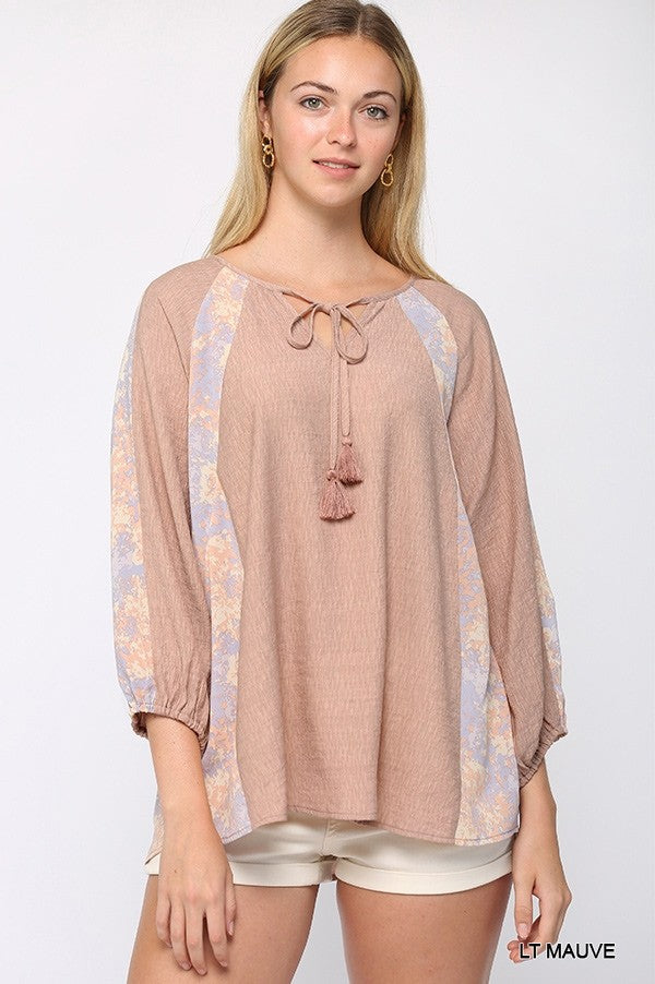 Solid Crinkle And Print Mix Raglan Sleeve Top With Tassel Tie Smile Sparker