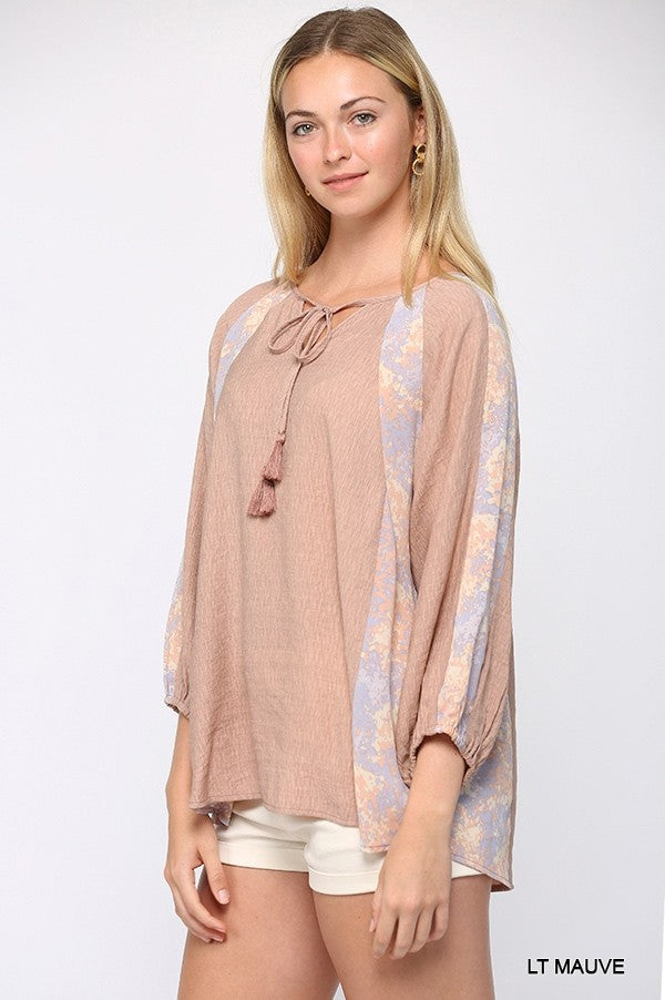 Solid Crinkle And Print Mix Raglan Sleeve Top With Tassel Tie Smile Sparker