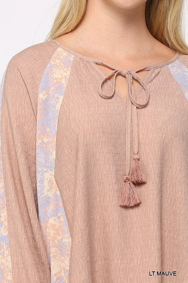 Solid Crinkle And Print Mix Raglan Sleeve Top With Tassel Tie Smile Sparker