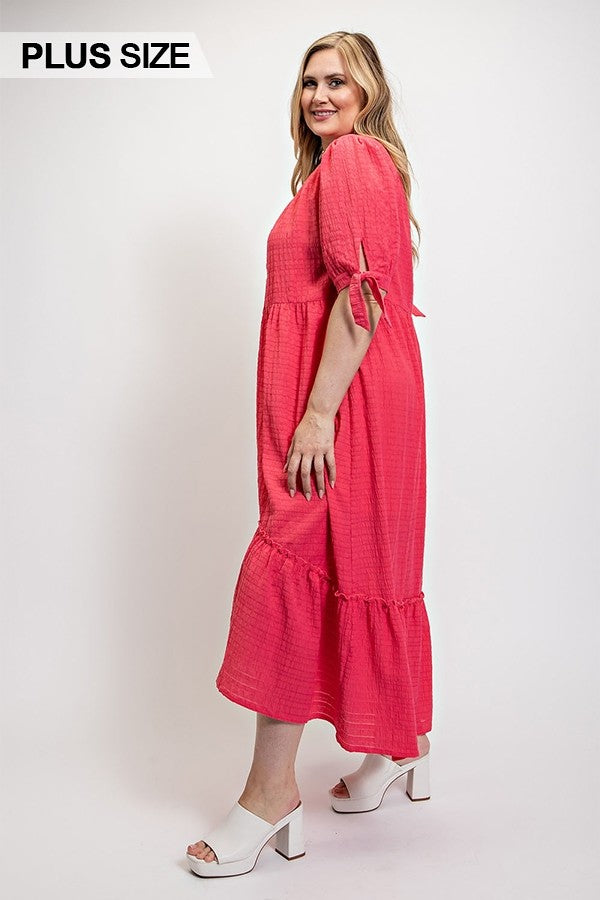 Solid Textured Button Down And Hi - Low Hem Maxi Dress With Tie Sleeve And Slip Dress Smile Sparker
