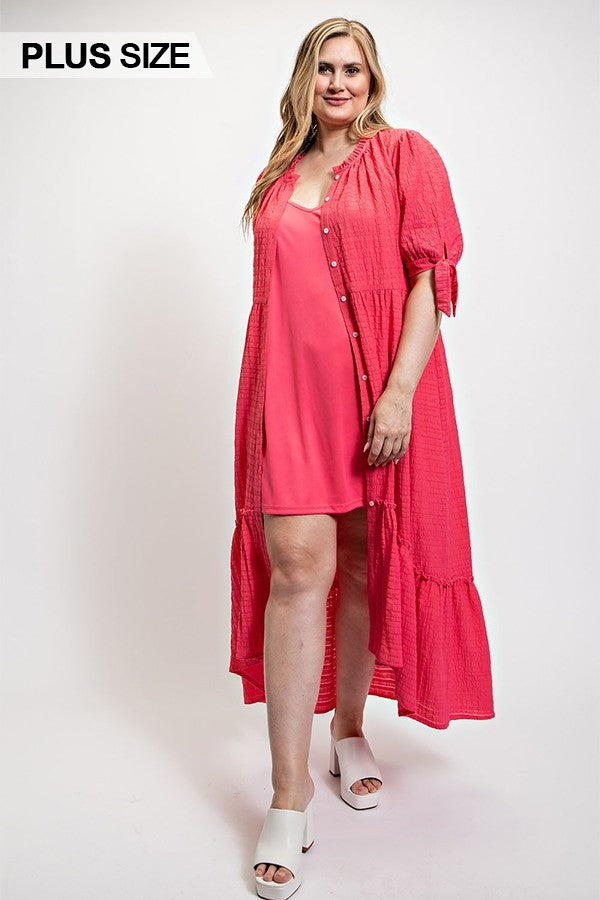Solid Textured Button Down And Hi - Low Hem Maxi Dress With Tie Sleeve And Slip Dress Smile Sparker