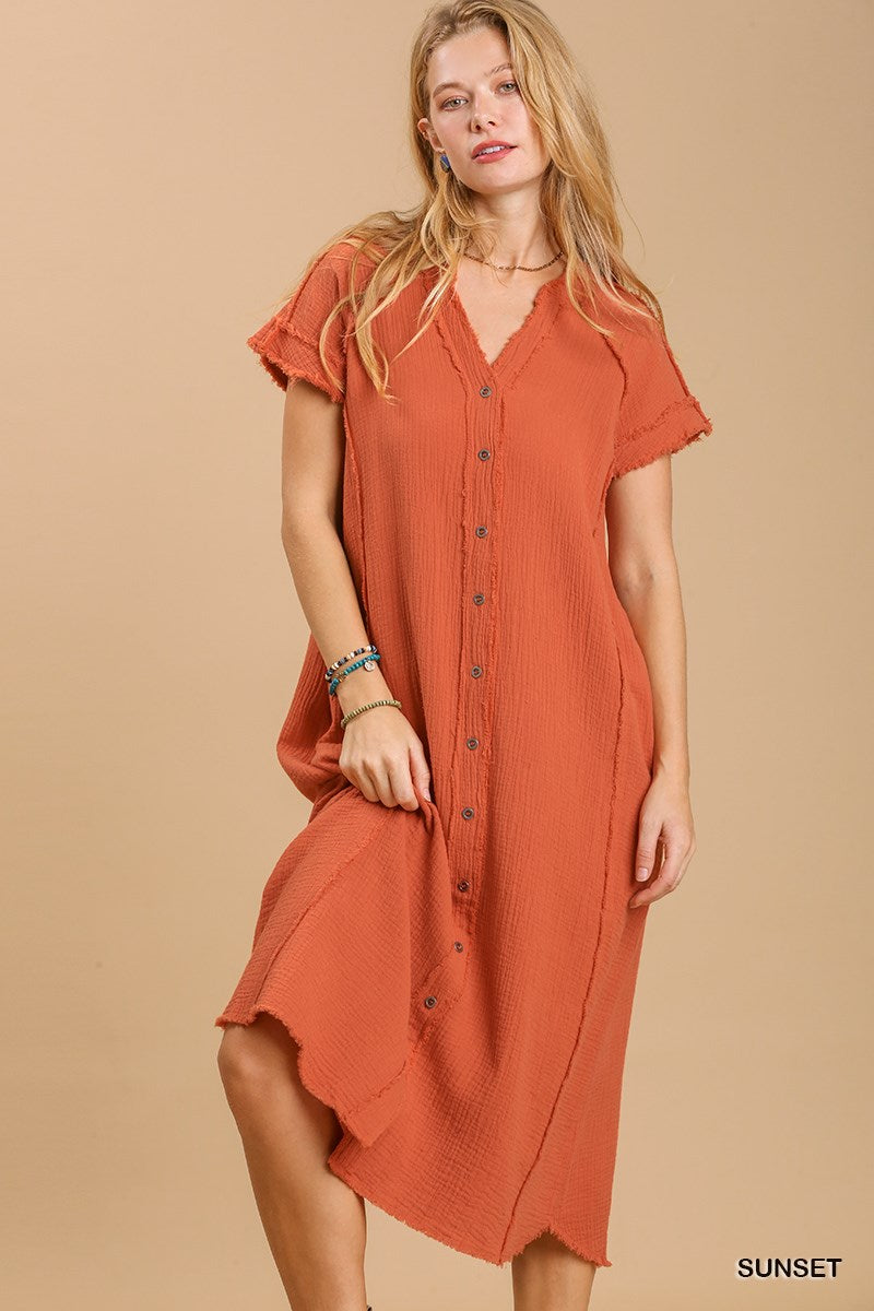 Split neck button down midi dress with no lining Smile Sparker