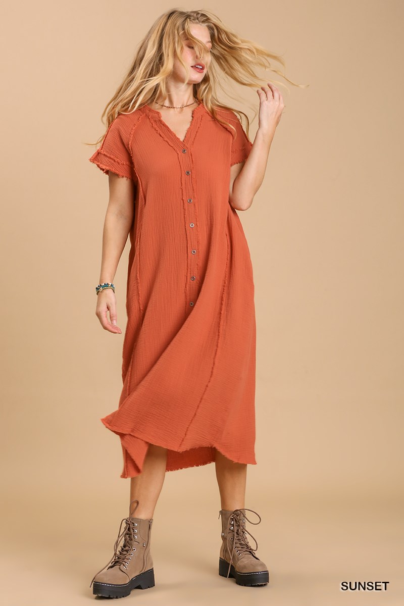 Split neck button down midi dress with no lining Smile Sparker