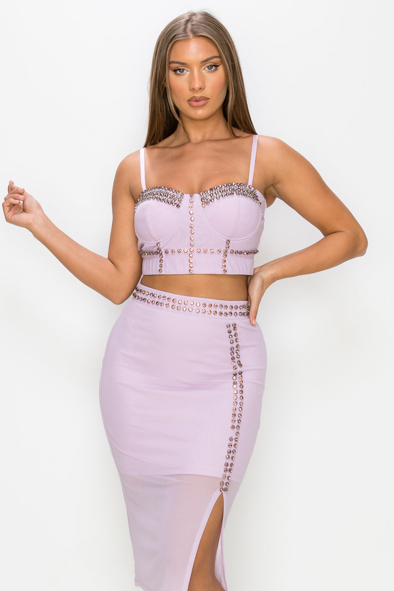 Studded Stone Cami Top & Slit Mini Skirts Set Smile Sparker