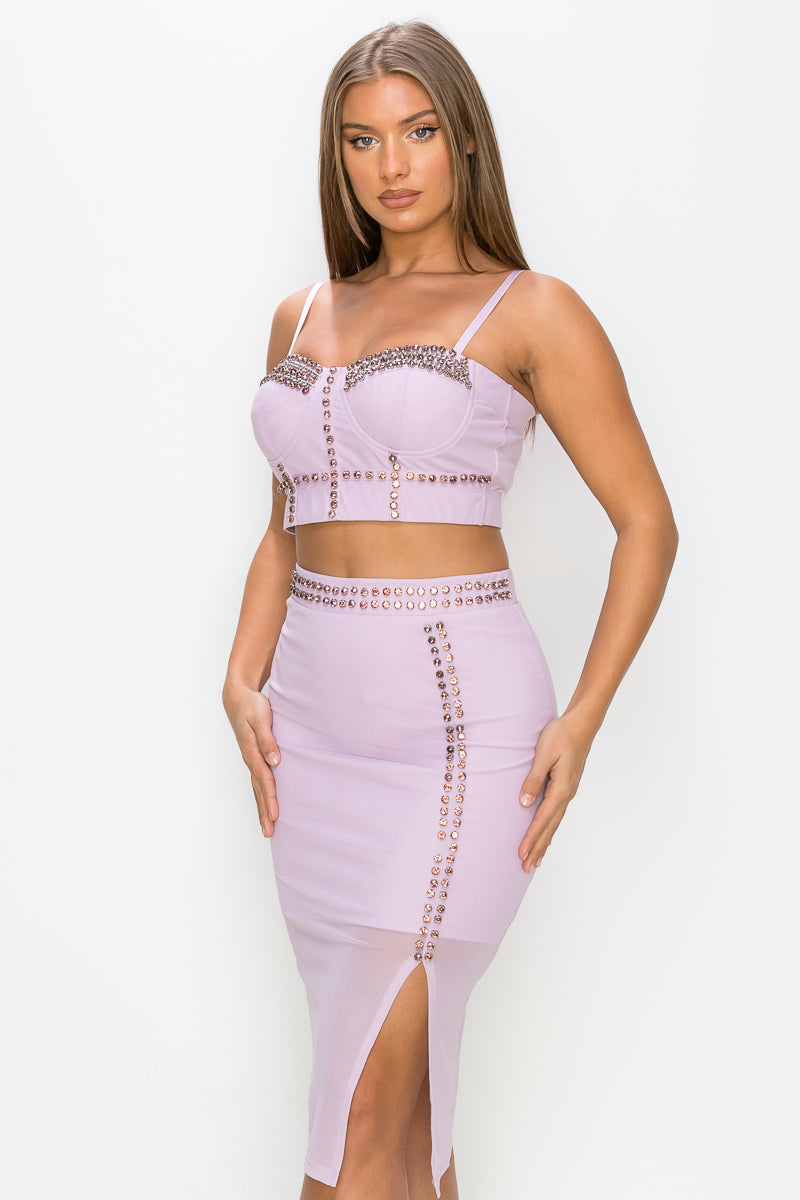 Studded Stone Cami Top & Slit Mini Skirts Set Smile Sparker