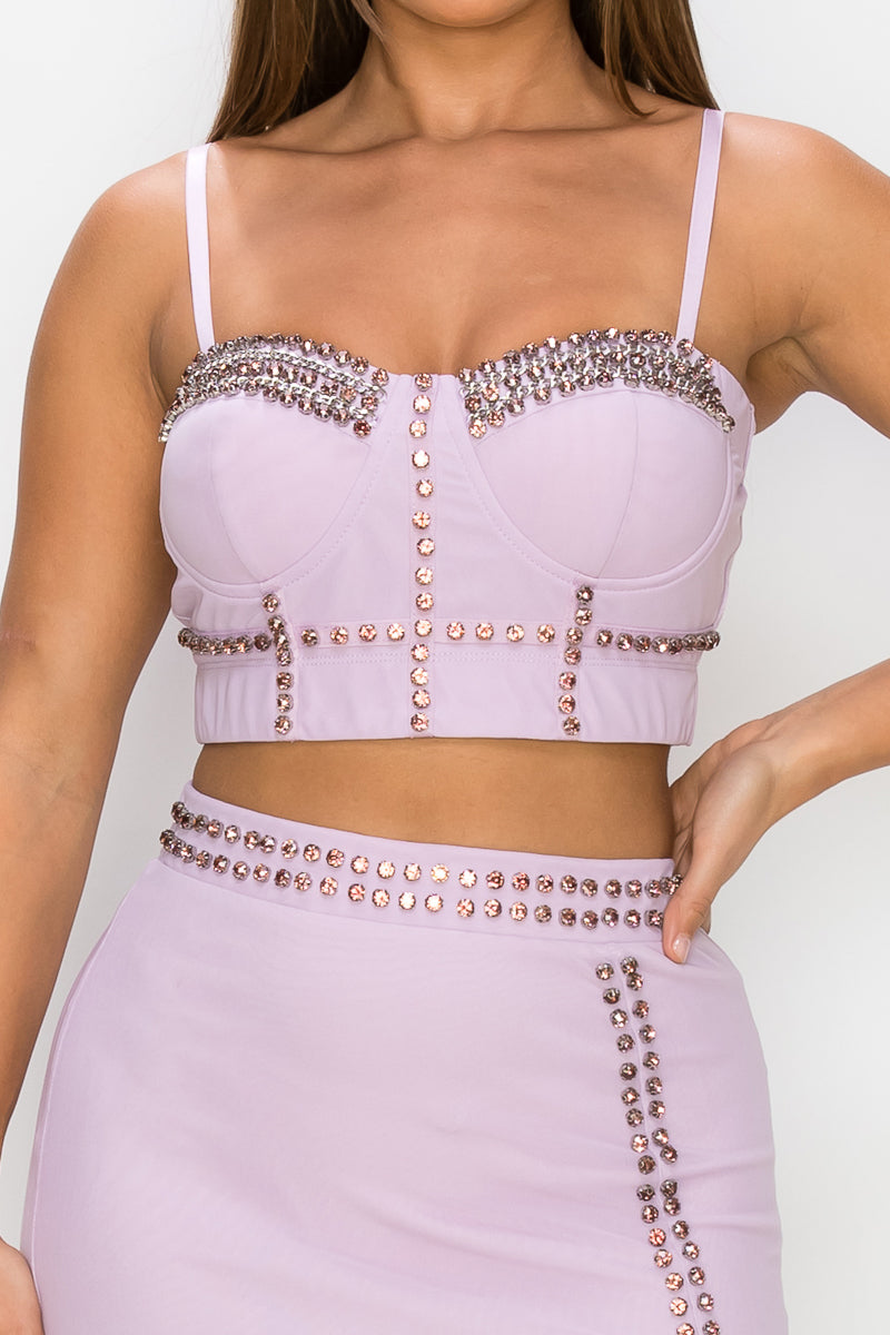Studded Stone Cami Top & Slit Mini Skirts Set Smile Sparker