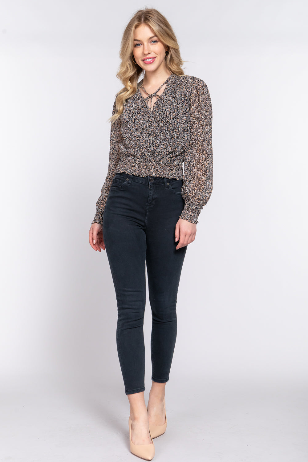 Surplice Smocked Print Chiffon Blouse Smile Sparker