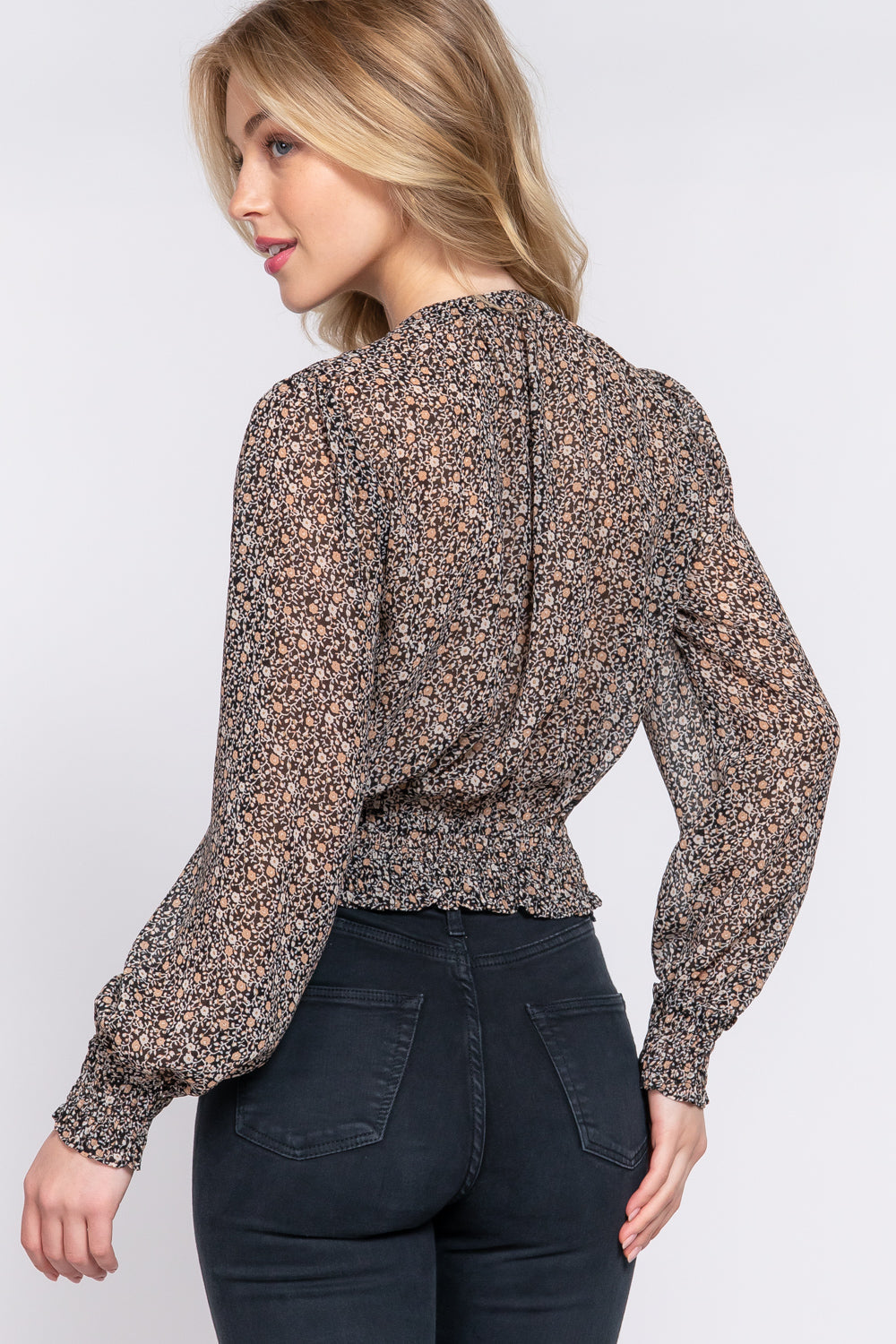 Surplice Smocked Print Chiffon Blouse Smile Sparker