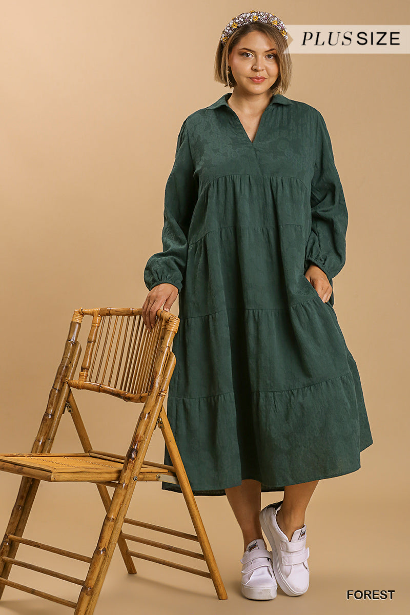 Textured Long Sleeve Collar Split Neck Tiered Maxi Dress Smile Sparker