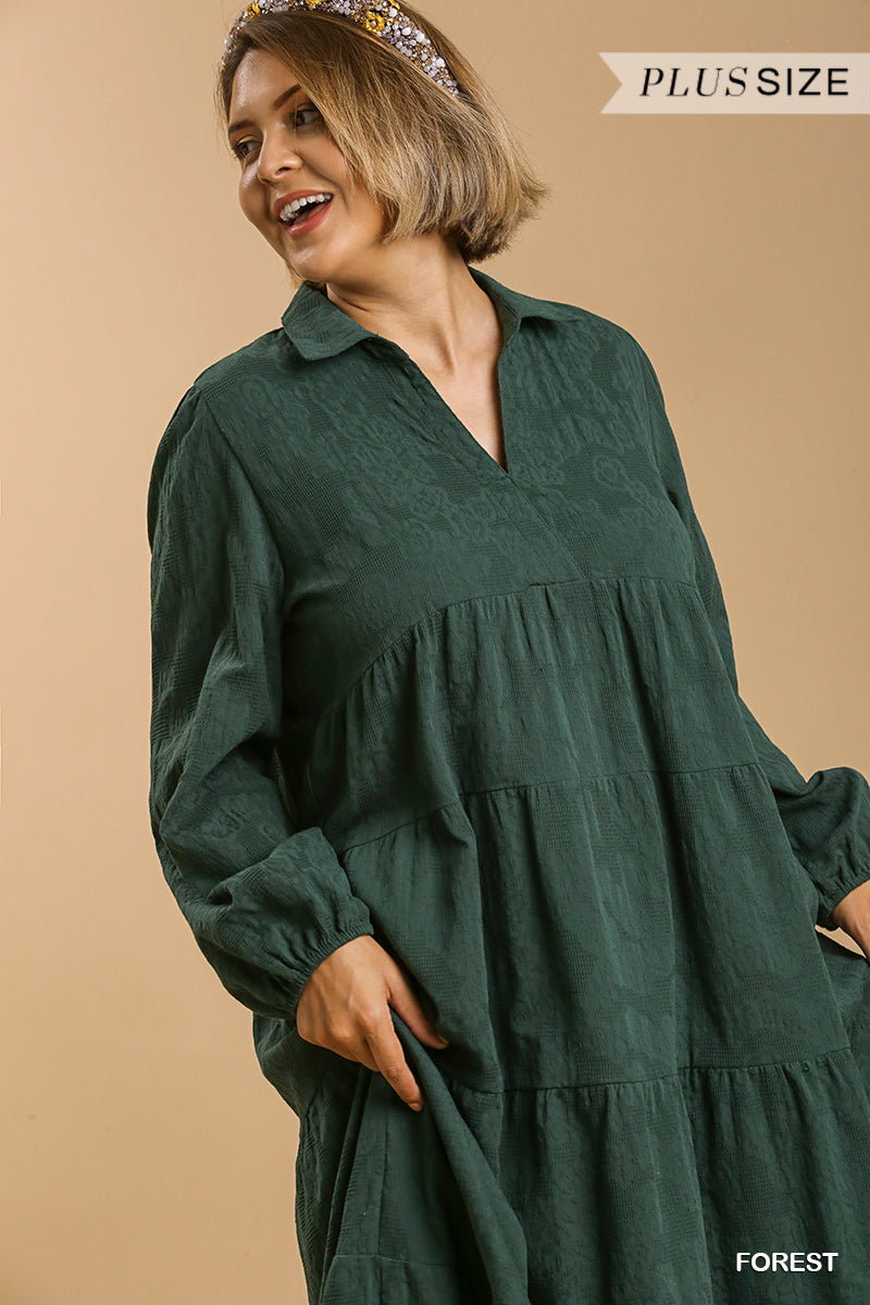 Textured Long Sleeve Collar Split Neck Tiered Maxi Dress Smile Sparker