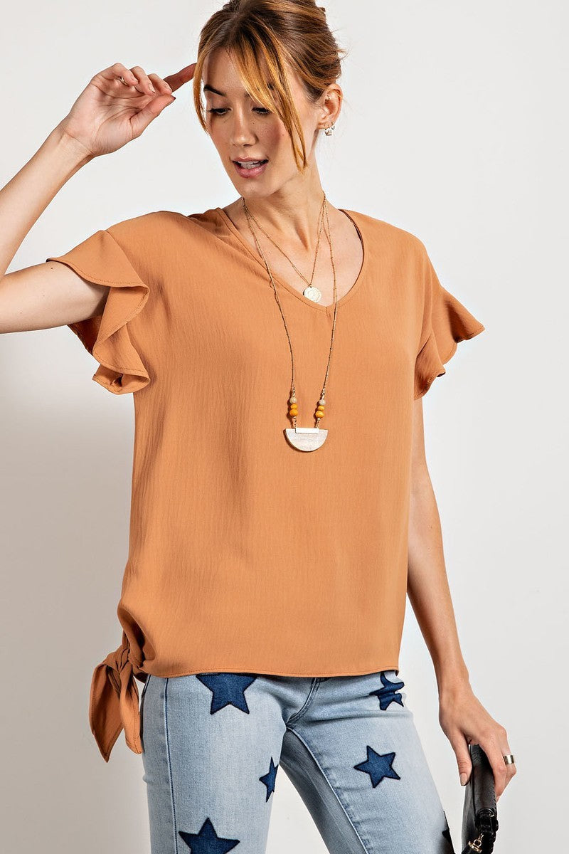 V Neckline Wing Sleeves Woven Top Smile Sparker