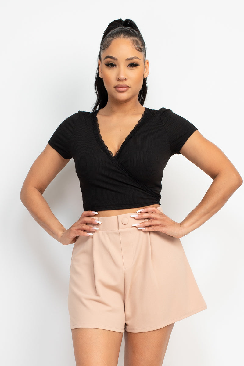 Wrap Surplice Lace Trim Top Smile Sparker