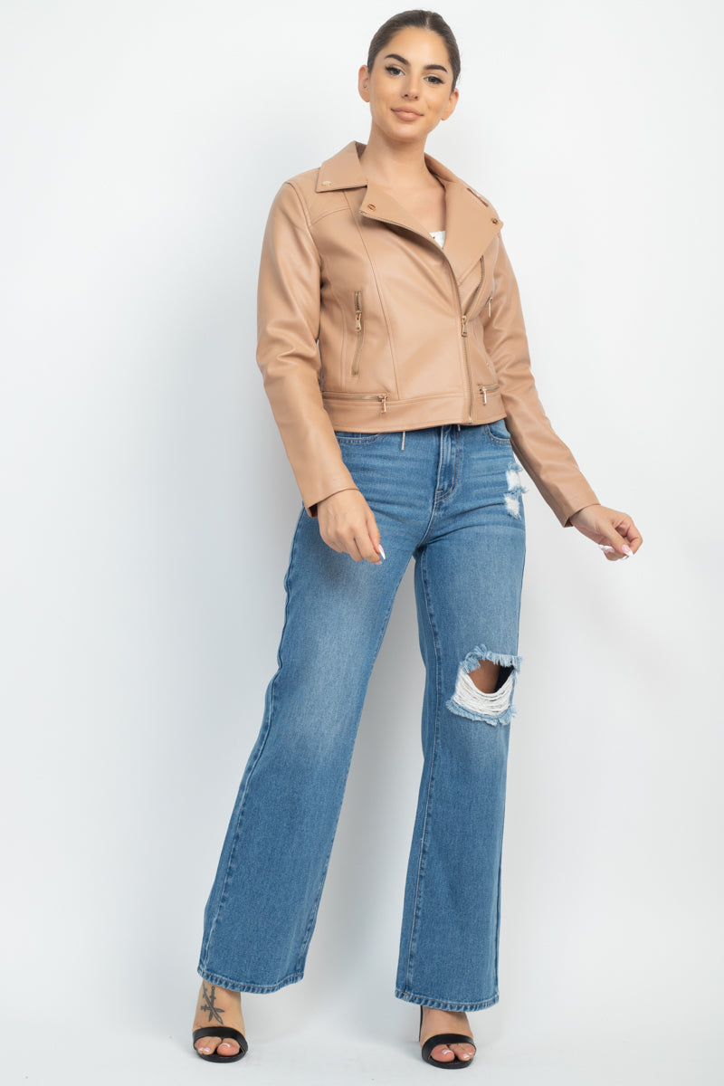 Zippered Notch Lapel Rider Jacket Smile Sparker
