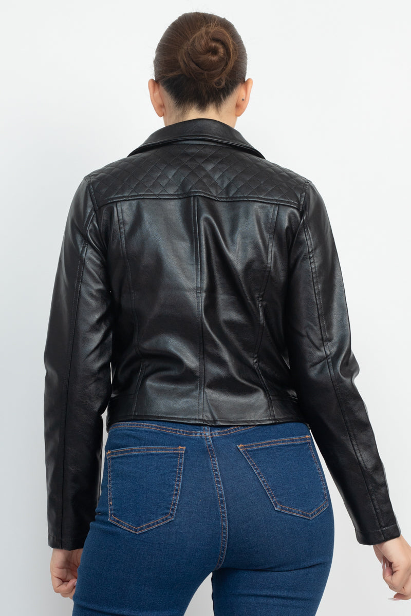 Zippered Notch Lapel Rider Jacket Smile Sparker