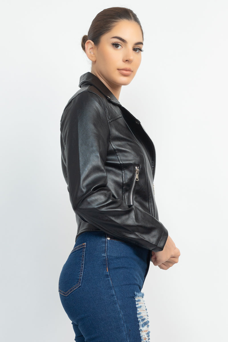 Zippered Notch Lapel Rider Jacket Smile Sparker