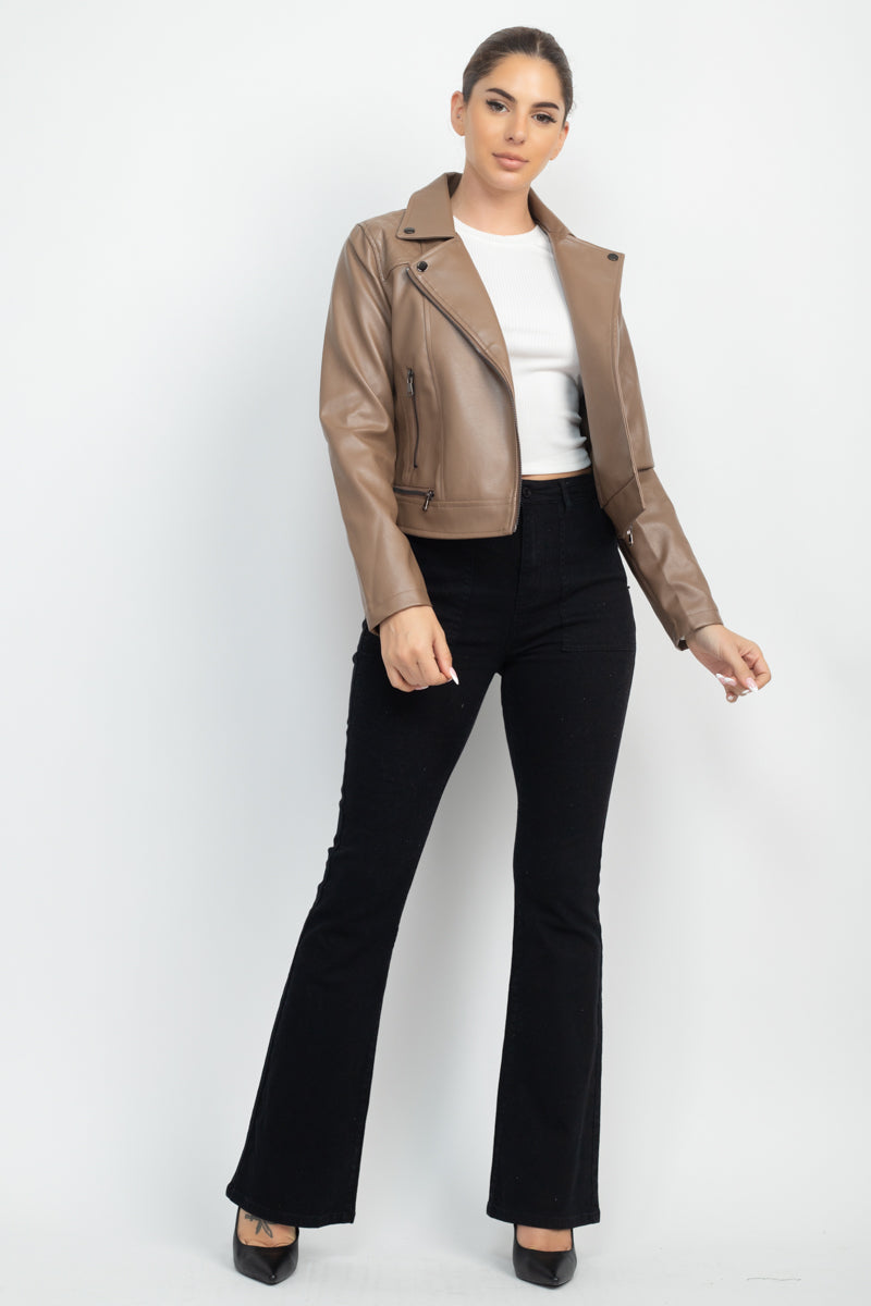 Zippered Notch Lapel Rider Jacket Smile Sparker