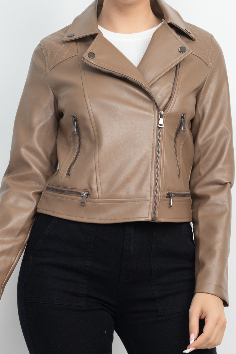 Zippered Notch Lapel Rider Jacket Smile Sparker