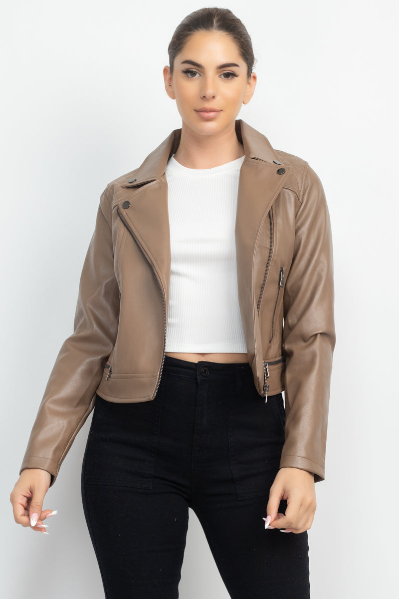 Zippered Notch Lapel Rider Jacket Smile Sparker