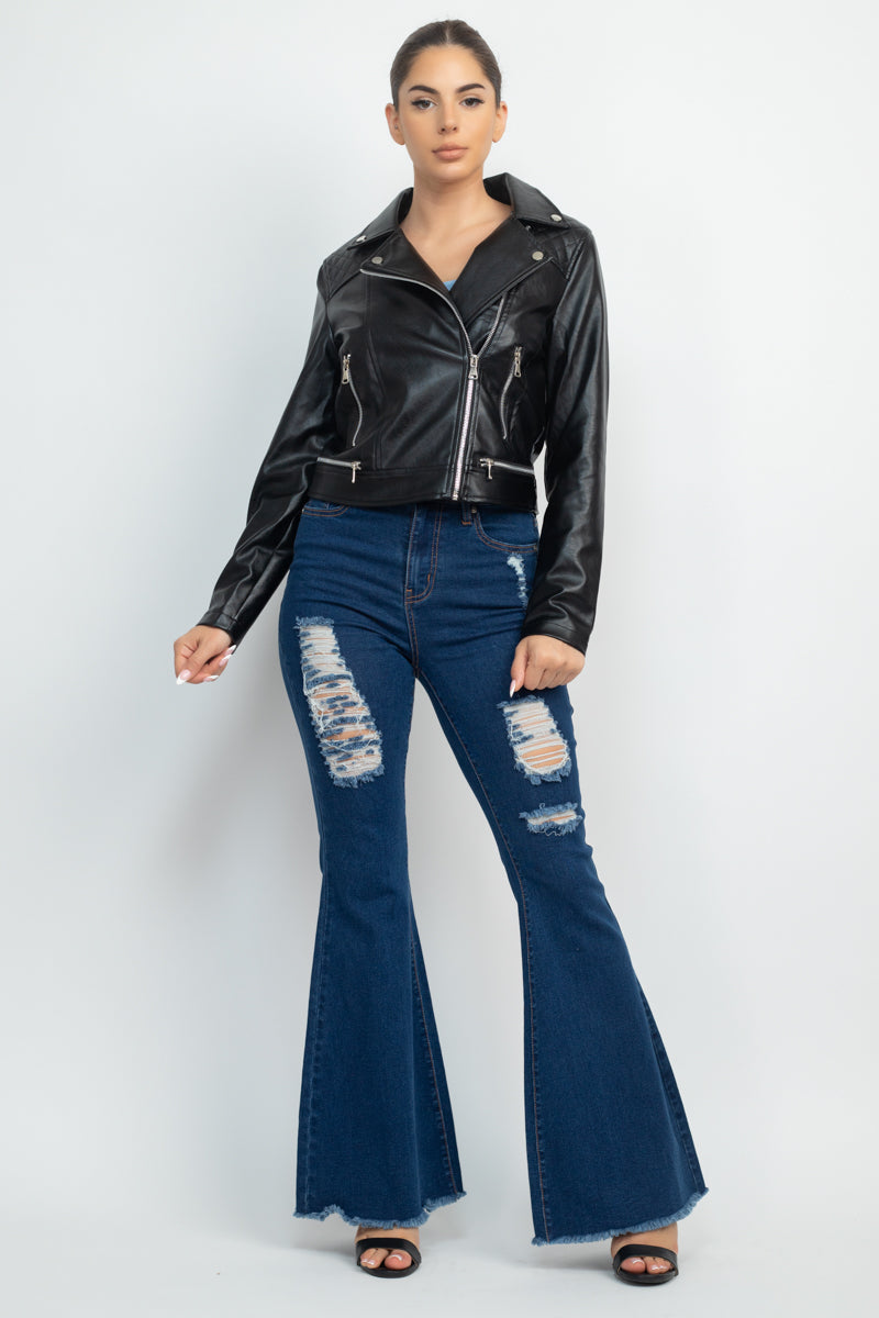 Zippered Notch Lapel Rider Jacket Smile Sparker