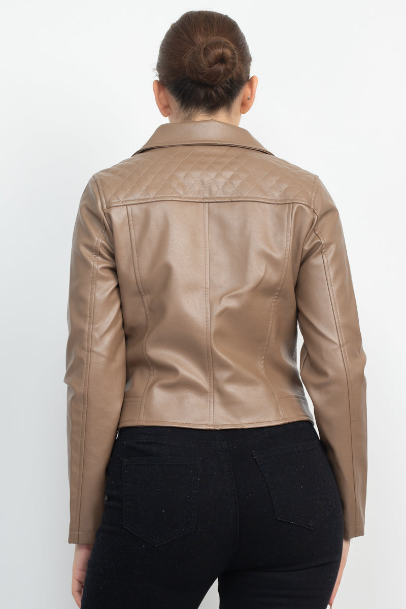 Zippered Notch Lapel Rider Jacket Smile Sparker