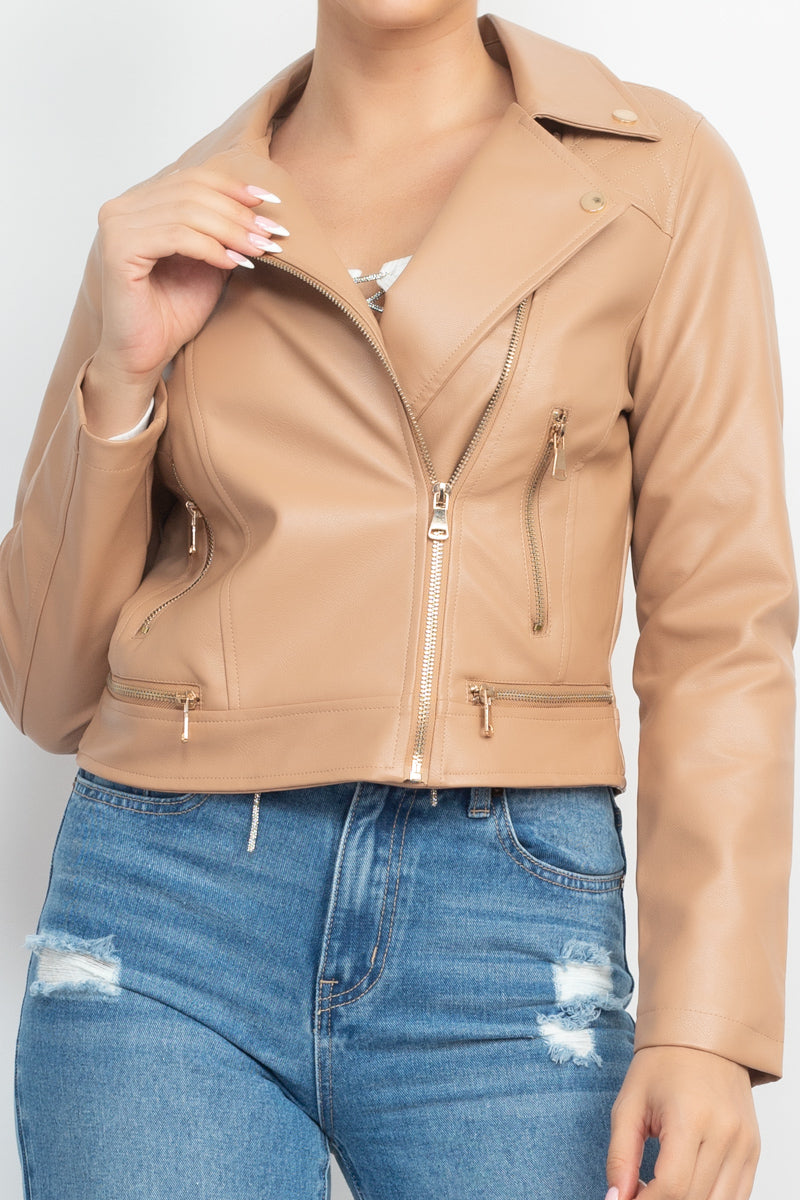 Zippered Notch Lapel Rider Jacket Smile Sparker