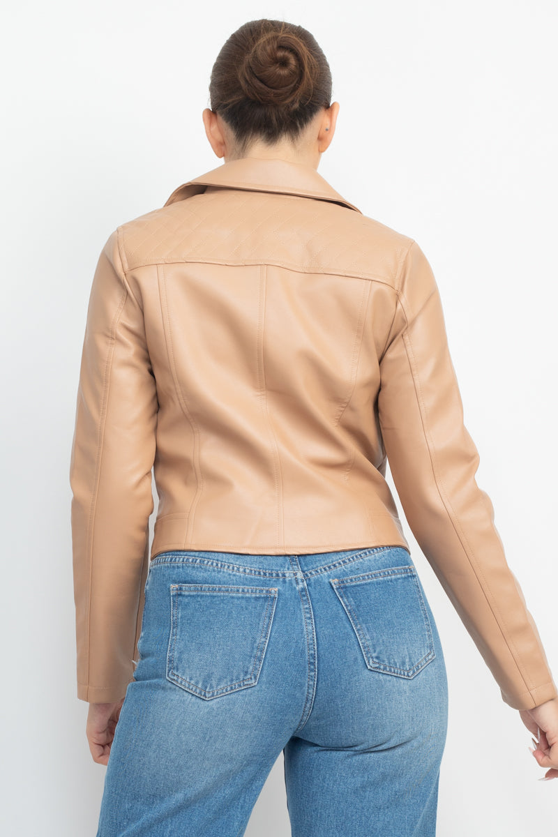 Zippered Notch Lapel Rider Jacket Smile Sparker