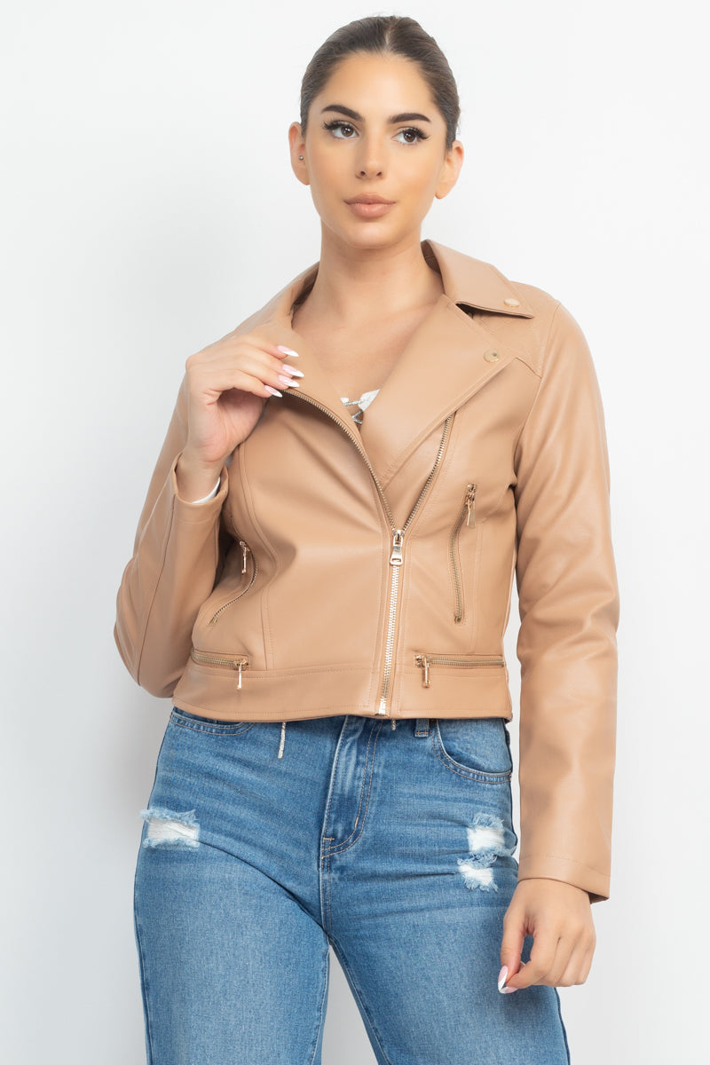 Zippered Notch Lapel Rider Jacket Smile Sparker