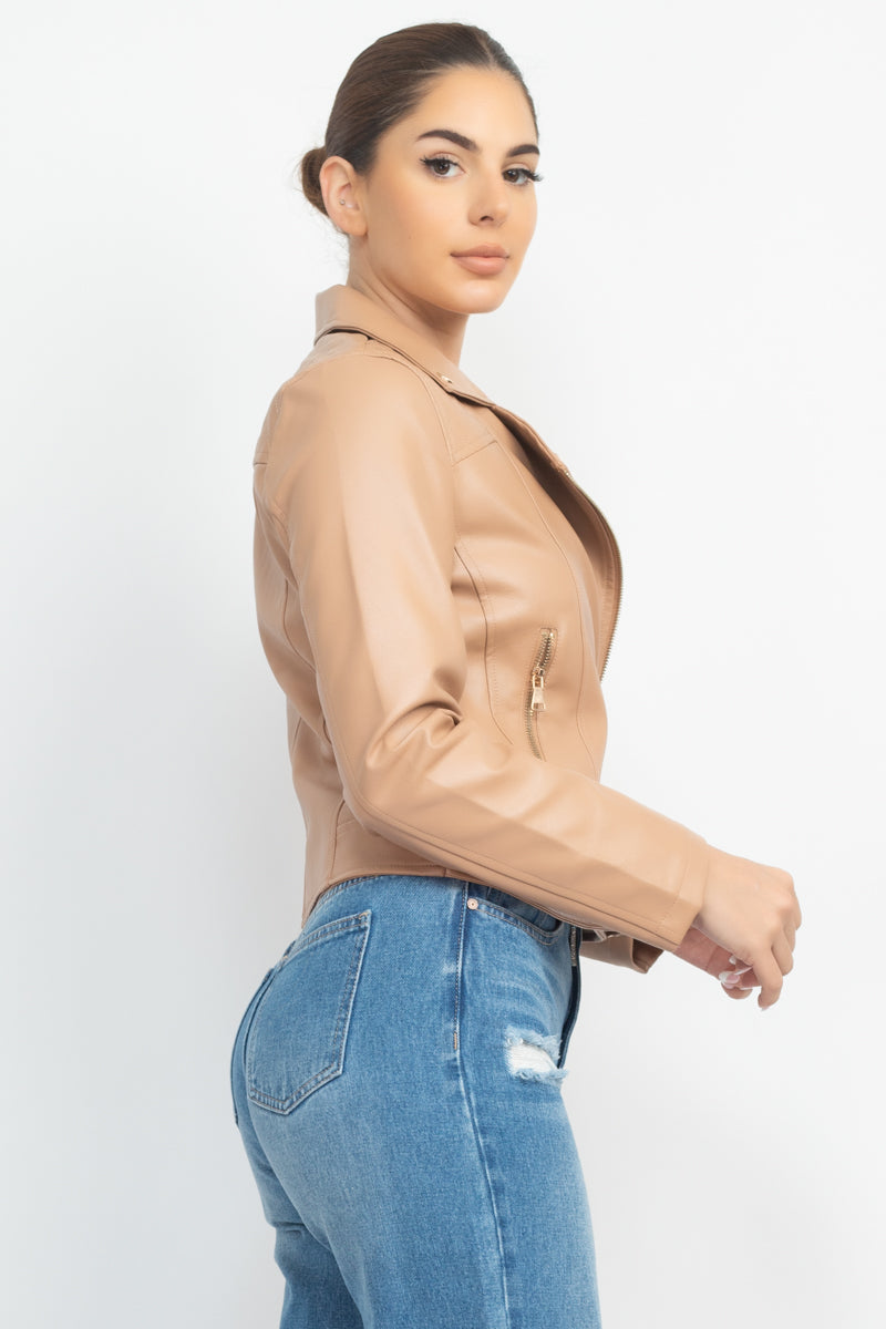 Zippered Notch Lapel Rider Jacket Smile Sparker