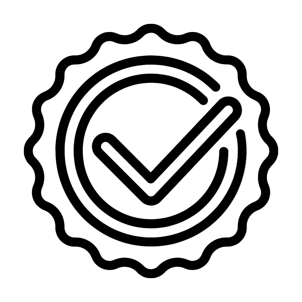 Black check mark icon with a decorative border on a white background