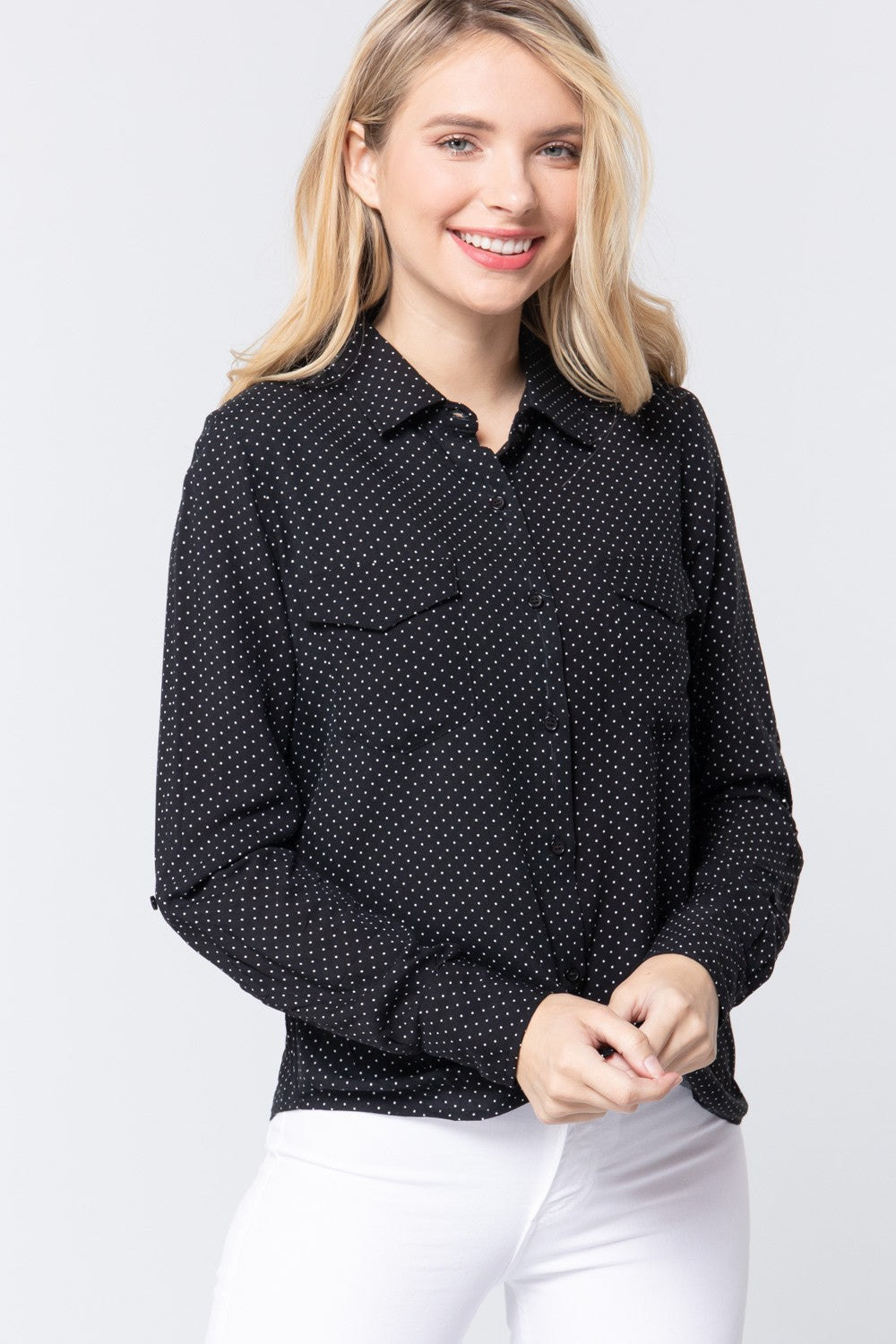 3/4 Roll Up Slv Dot Print Shirt Smile Sparker