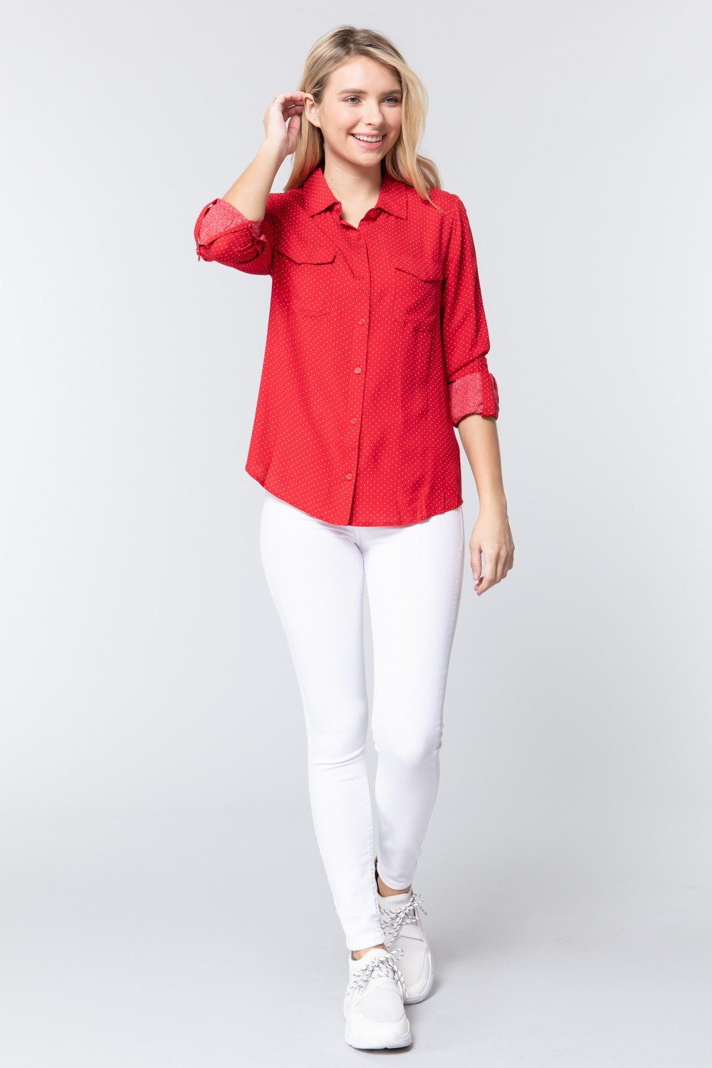 3/4 Roll Up Slv Dot Print Shirt Smile Sparker