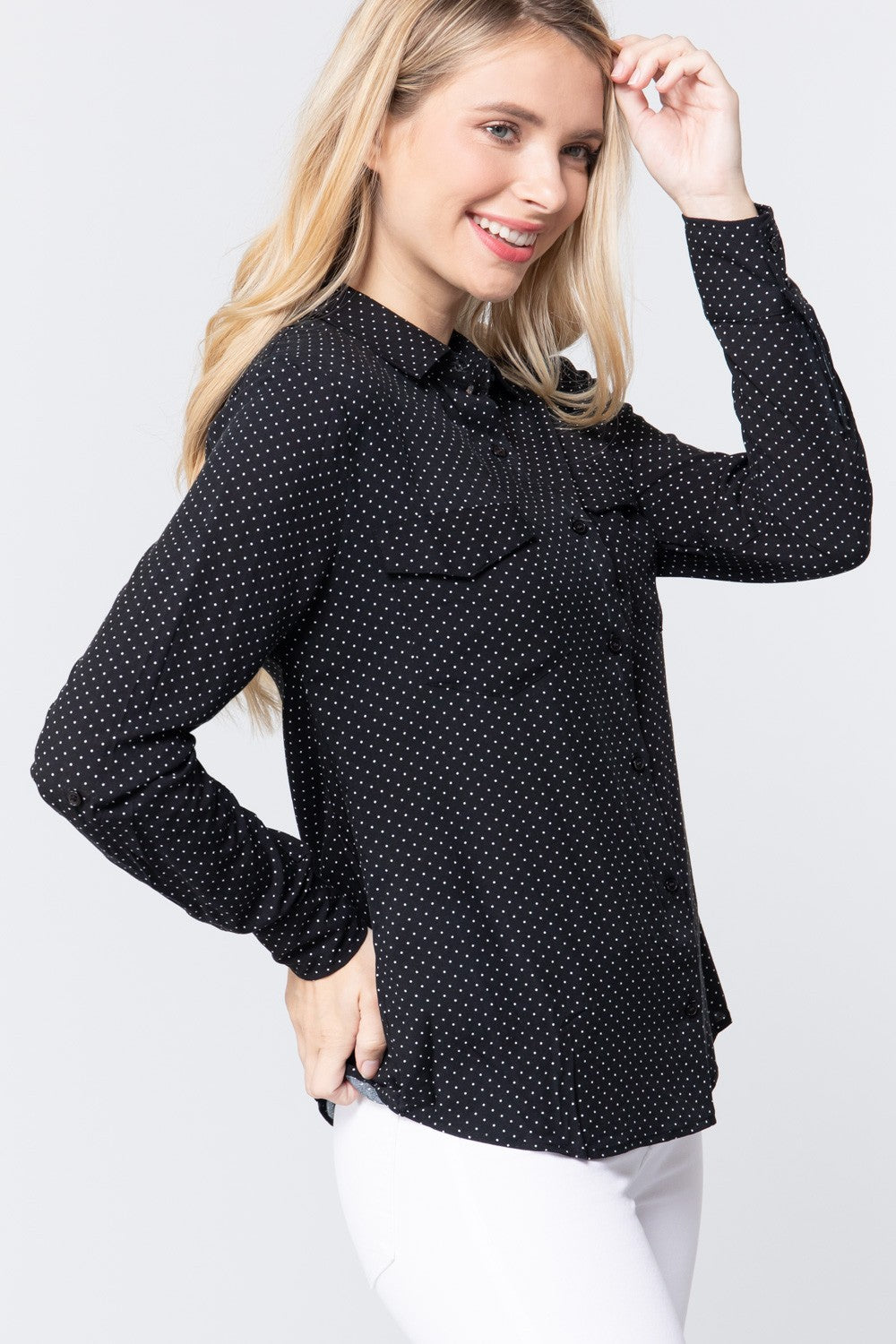 3/4 Roll Up Slv Dot Print Shirt Smile Sparker