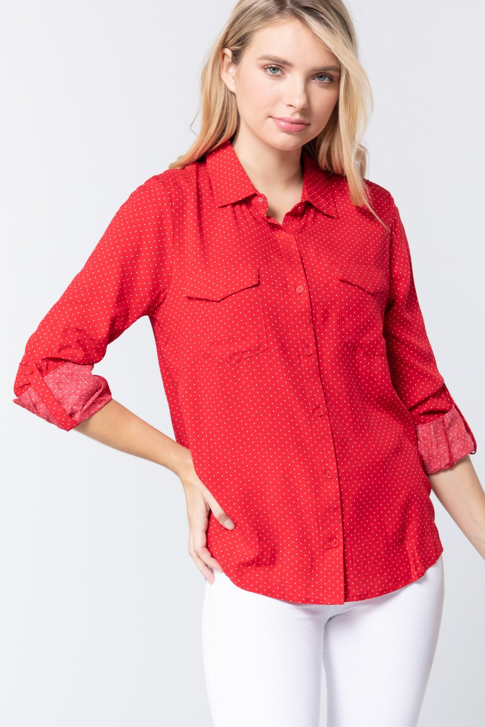 3/4 Roll Up Slv Dot Print Shirt Smile Sparker