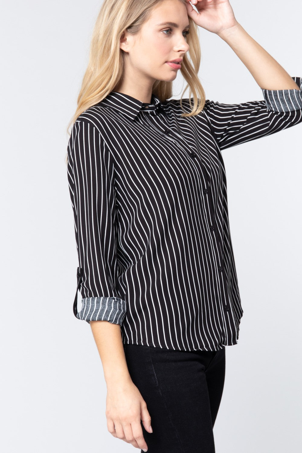 3/4 Roll Up Slv Stripe Print Shirt Smile Sparker