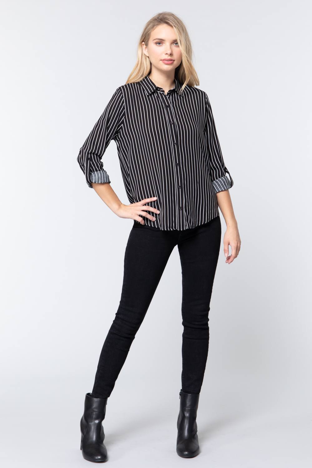 3/4 Roll Up Slv Stripe Print Shirt Smile Sparker