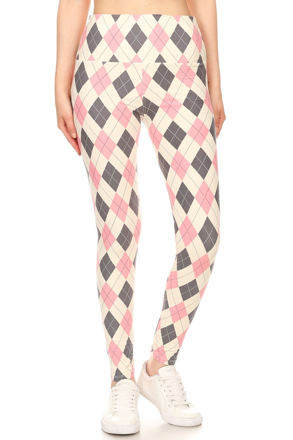 5-inch Long Yoga Style Banded Lined Argyle Printed Knit Legging With High Waist Smile Sparker