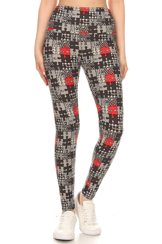 5-inch Long Yoga Style Banded Lined Puzzle Printed Knit Legging With High Waist Smile Sparker
